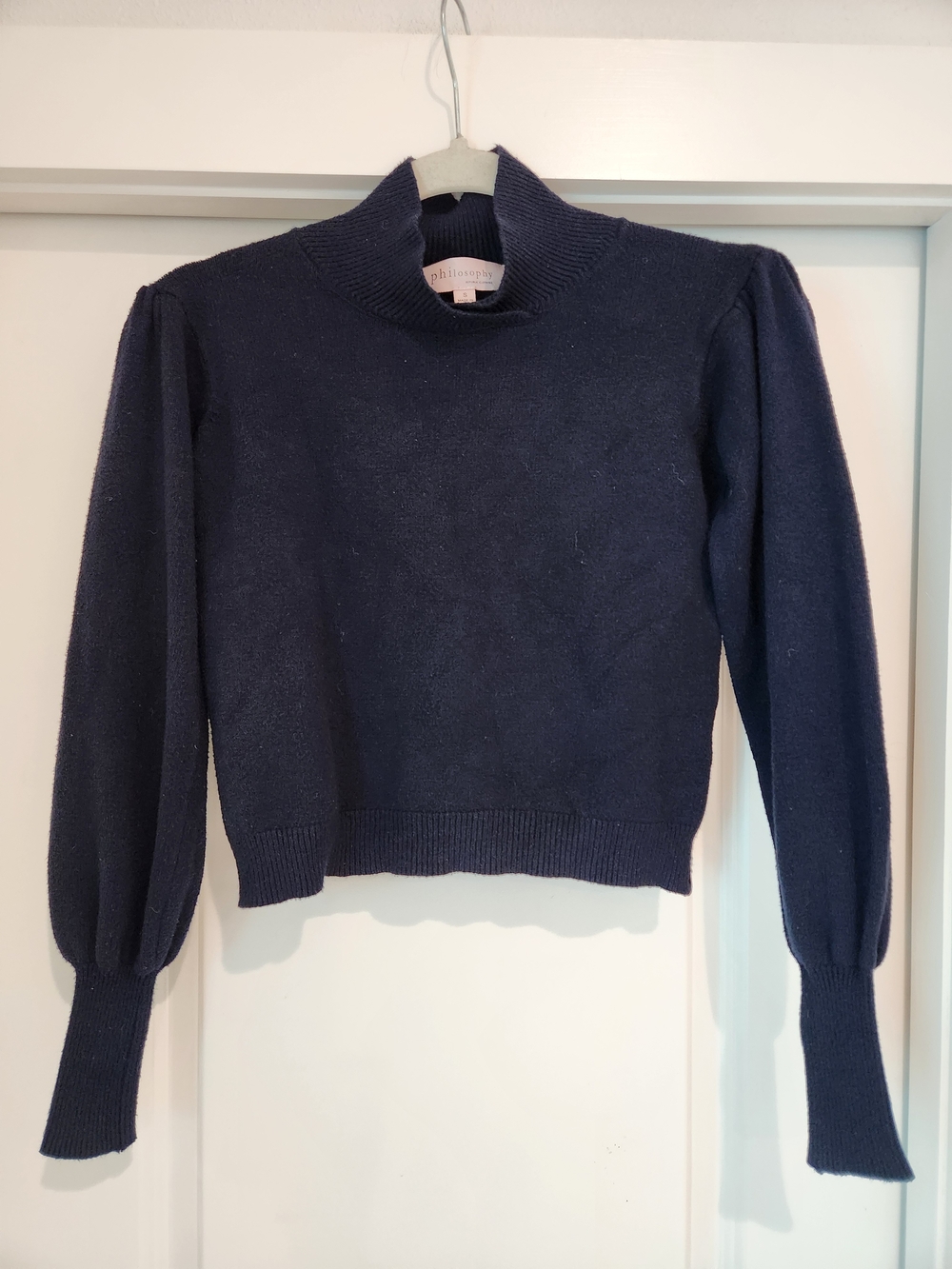 Philosophy Navy Funnel Neck Puff-Sleeve Crop Top Sweater